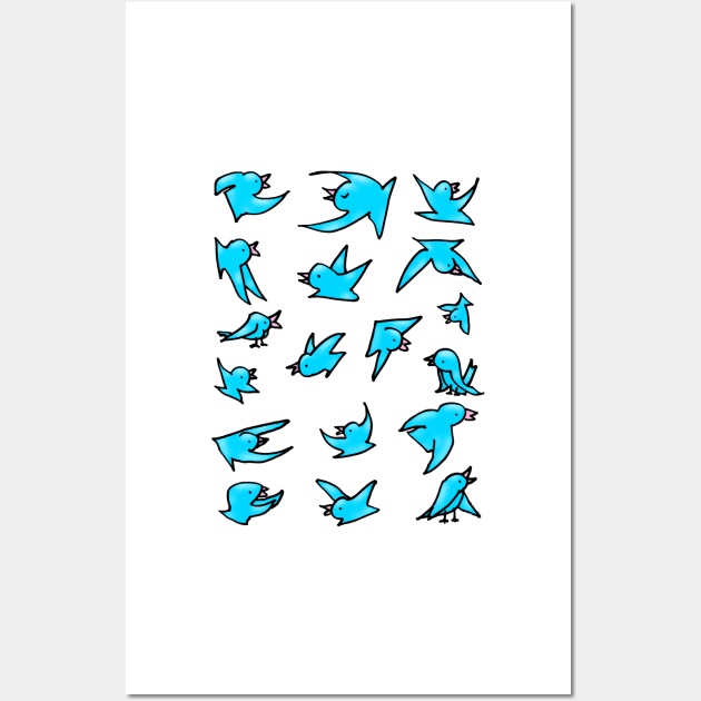 Flock of blue birds with pink beaks happily chirping and flying Wall Art by davidscohen